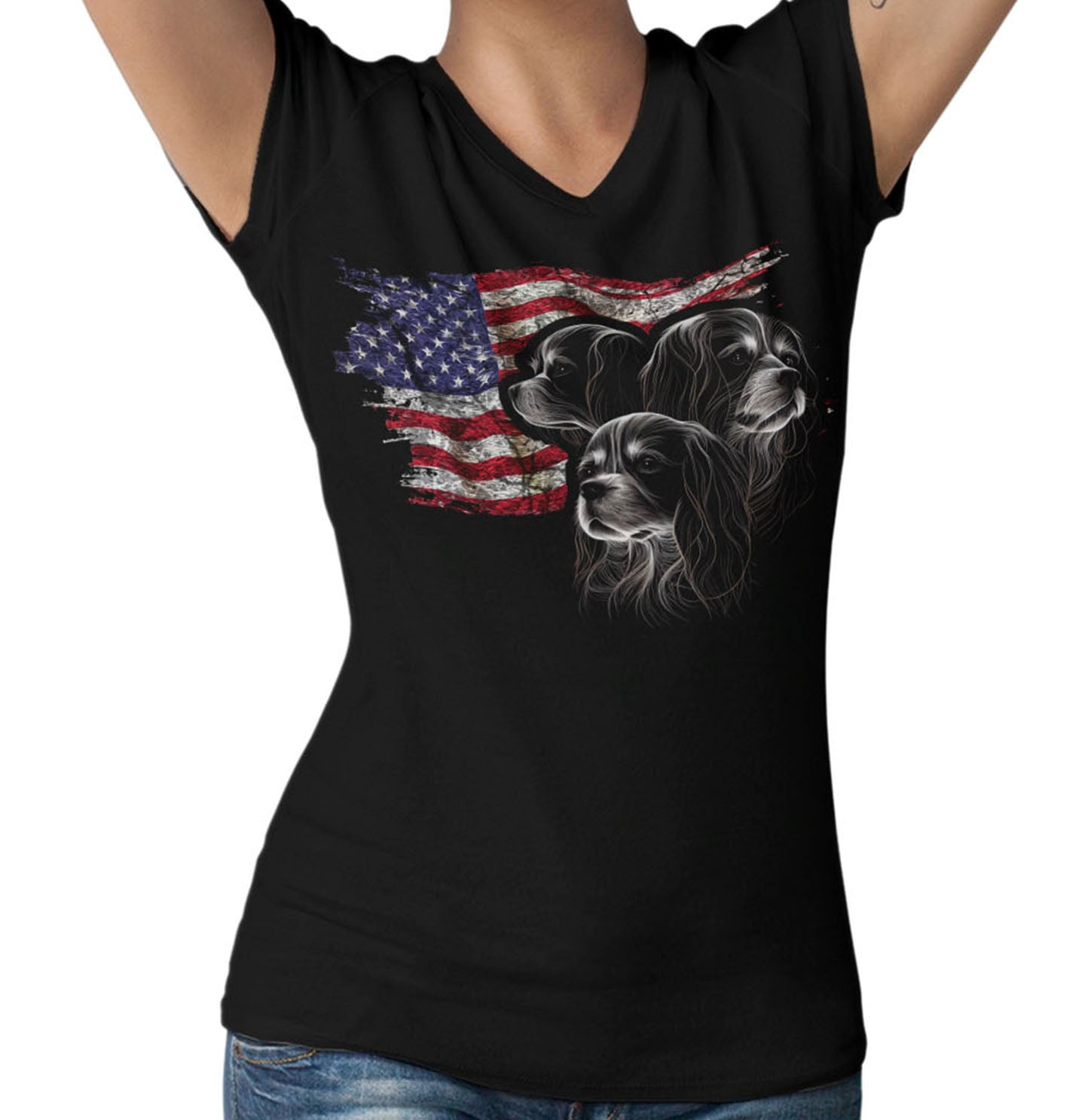 Patriotic Three Cavalier King Charles Spaniels American Flag - Women's V-Neck T-Shirt