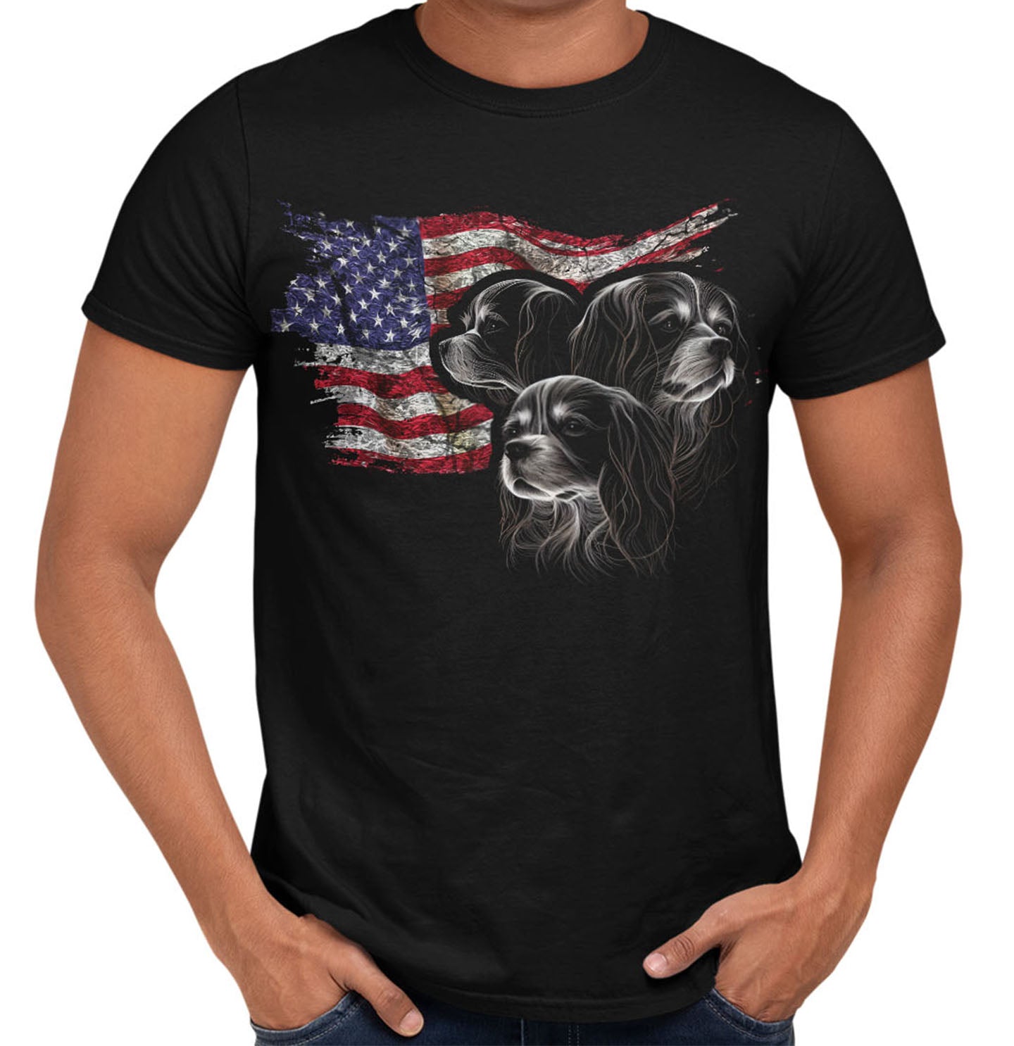 Patriotic Three Cavalier King Charles Spaniels American Flag - Adult Unisex T-Shirt