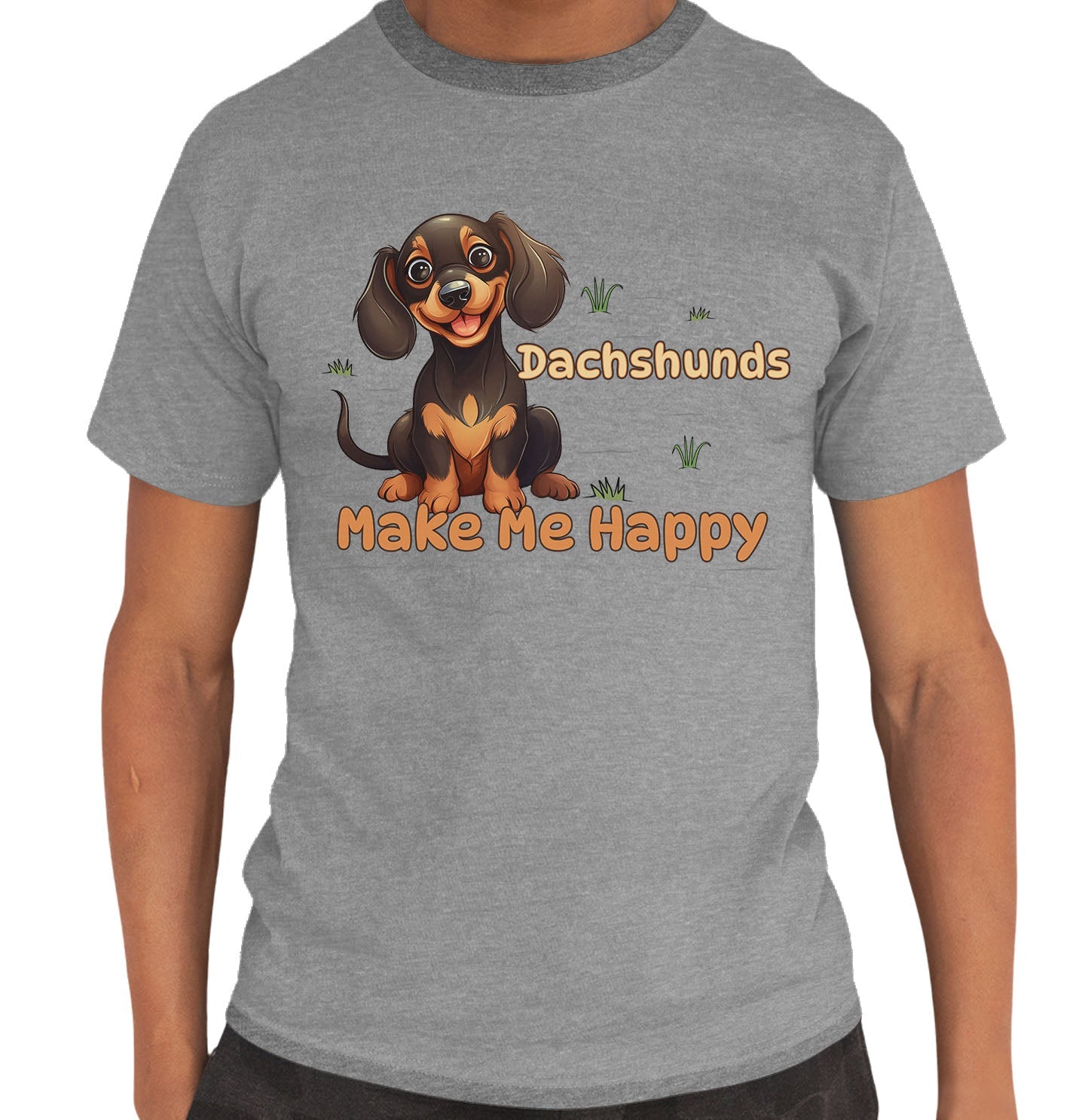 Dachshund Toon Make Me Happy - Adult Unisex T-Shirt - Grey