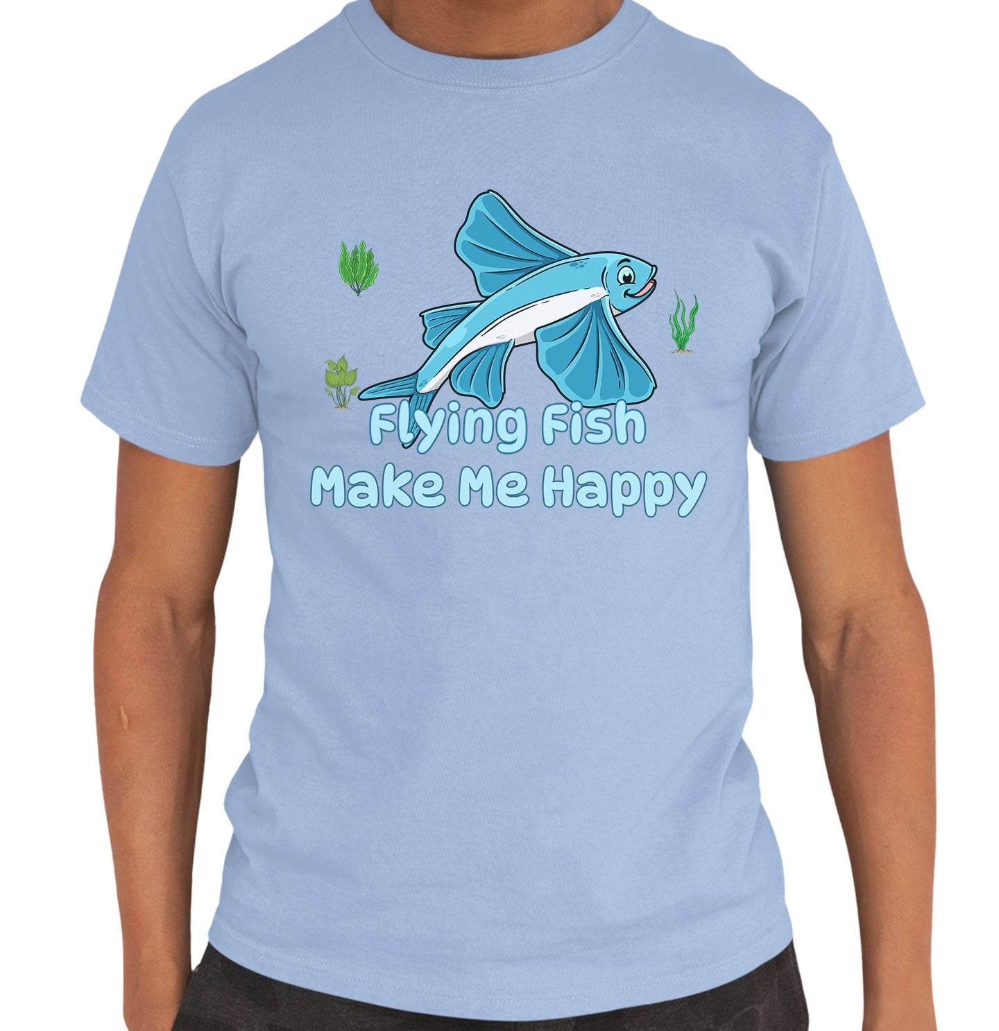 Flying Fish Toon Make Me Happy - Adult Unisex T-Shirt - Light Blue