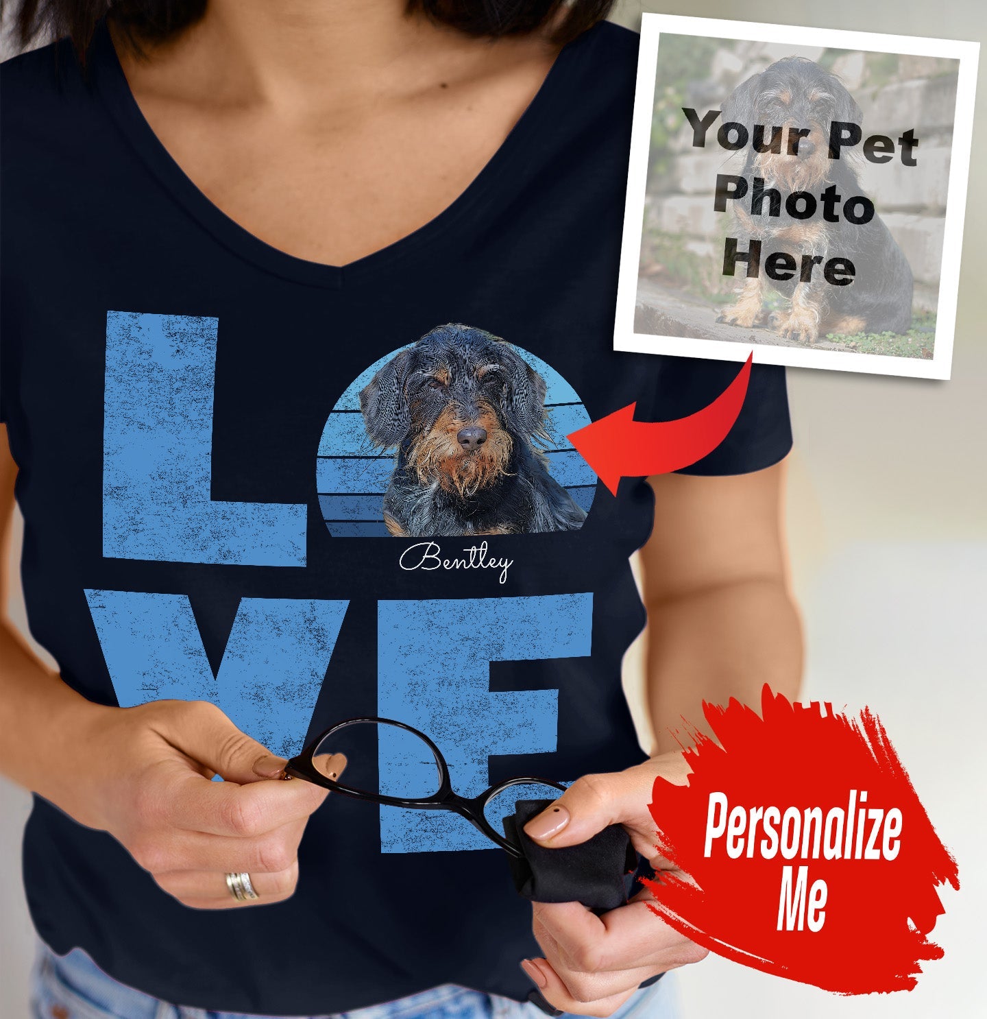 Big Love Pet Photo - Personalized Custom Women's V-Neck T-Shirt - Navy - 3X-Large - Main