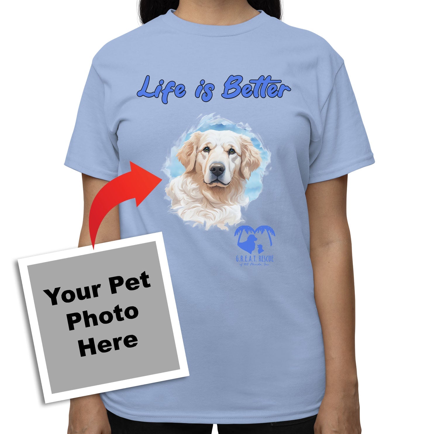 Life is Better With My GREAT Rescue Rescue Pet - Personalized Custom Adult Unisex T-Shirt - Light Blue