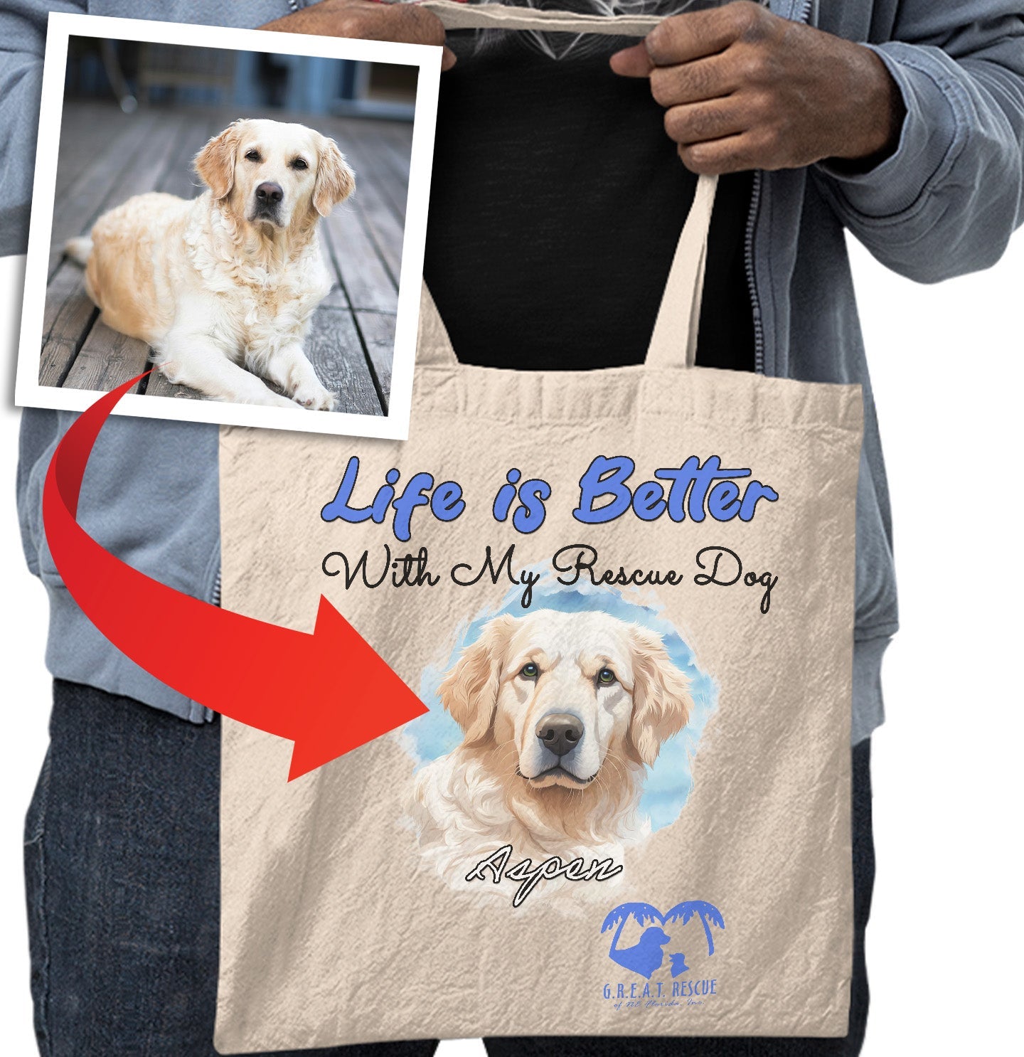 Life is Better With My GREAT Rescue Rescue Pet - Personalized Custom Cotton Canvas Tote - Main