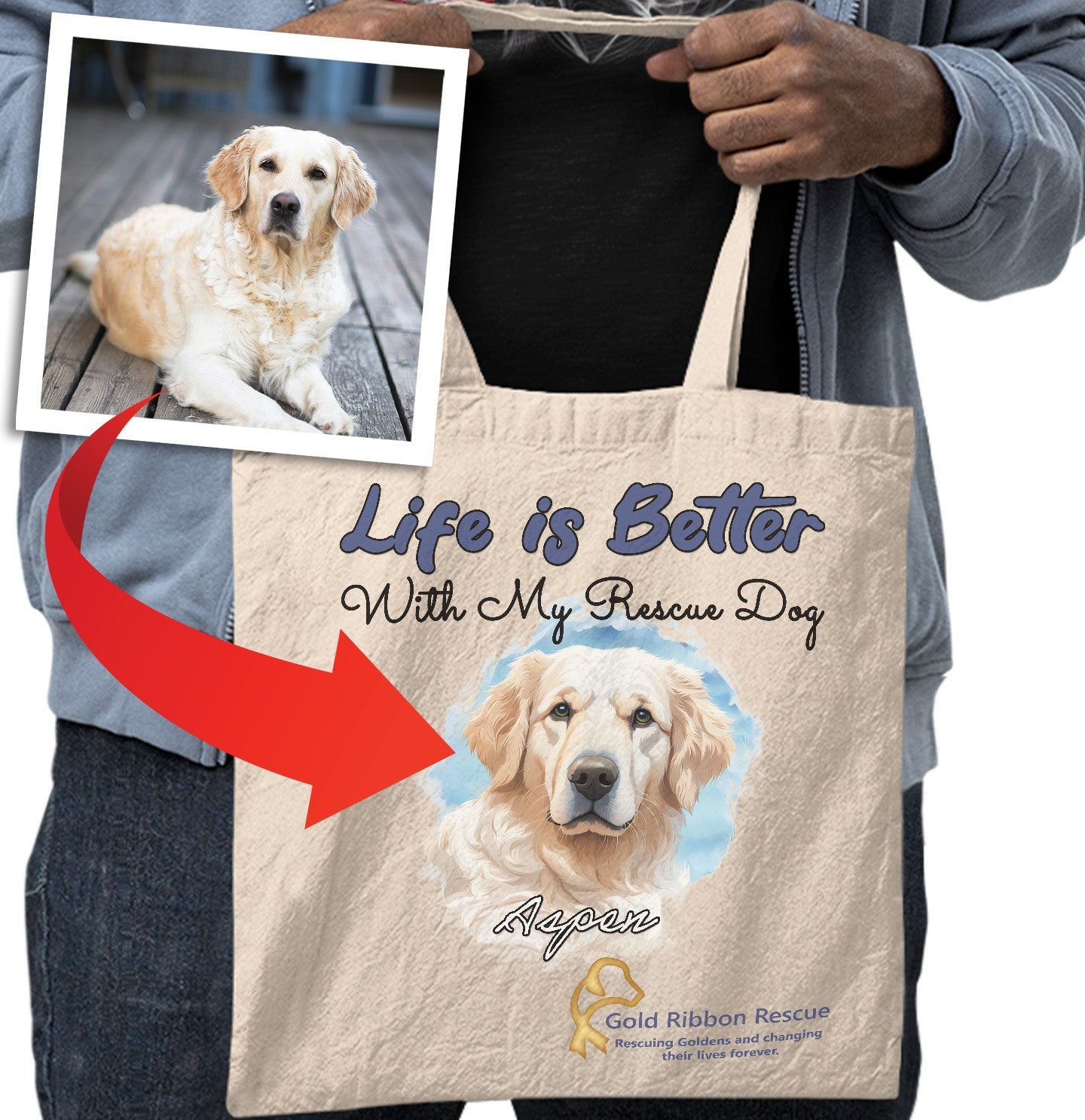 Life is Better With My Gold Ribbon Rescue Rescue Pet - Personalized Custom Cotton Canvas Tote - Main