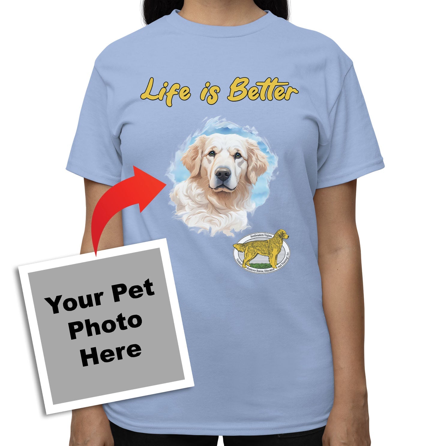 Life is Better With My SEVA GRREAT Rescue Pet - Personalized Custom Adult Unisex T-Shirt - Light Blue