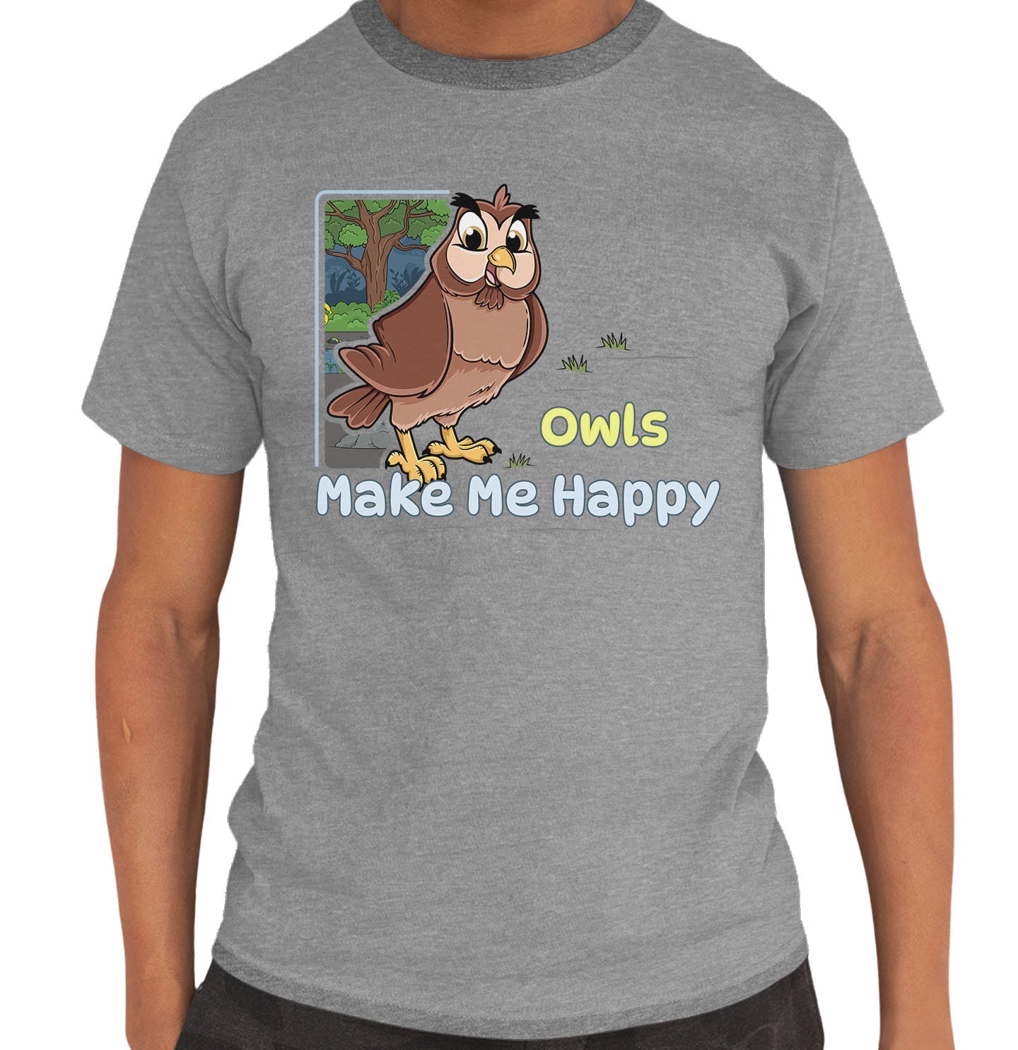 Owl Toon Make Me Happy - Adult Unisex T-Shirt - Grey