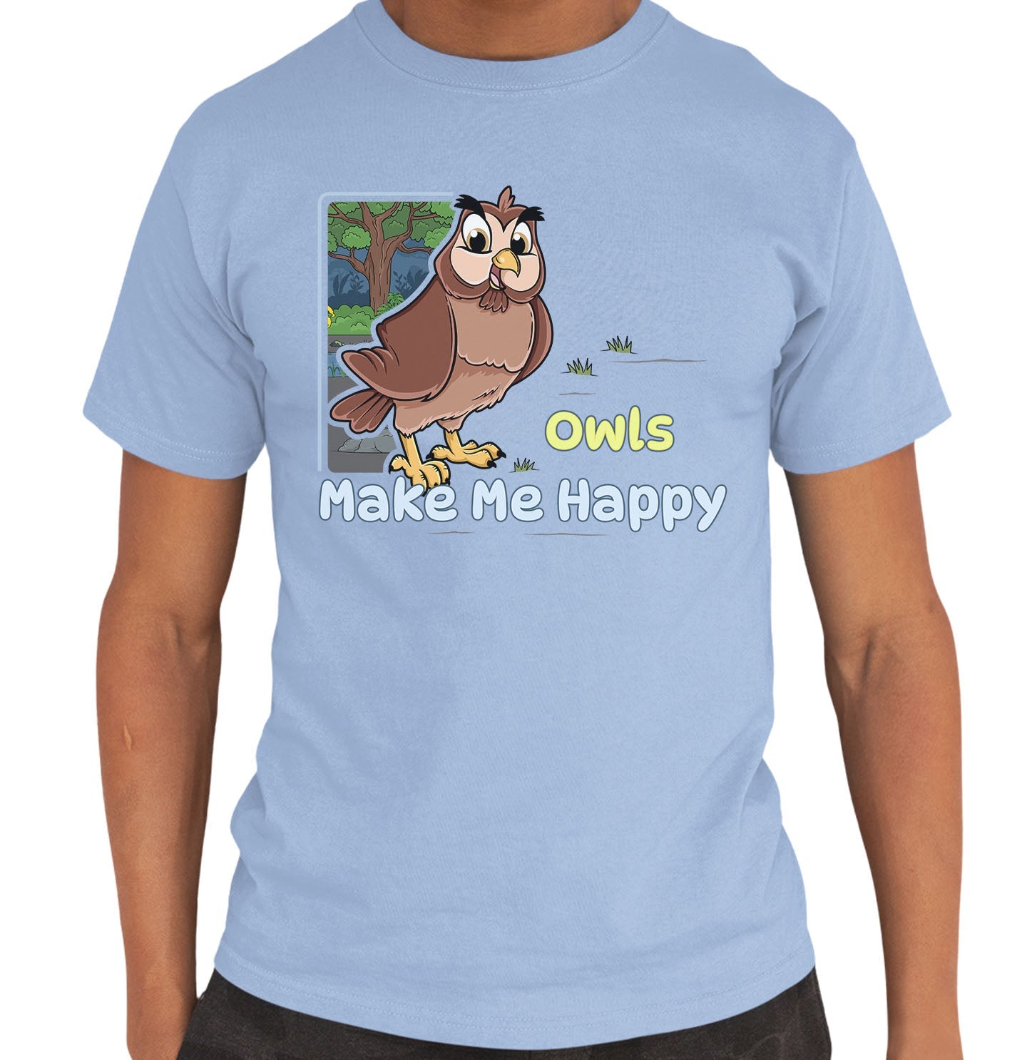 Owl Toon Make Me Happy - Adult Unisex T-Shirt - Light Blue