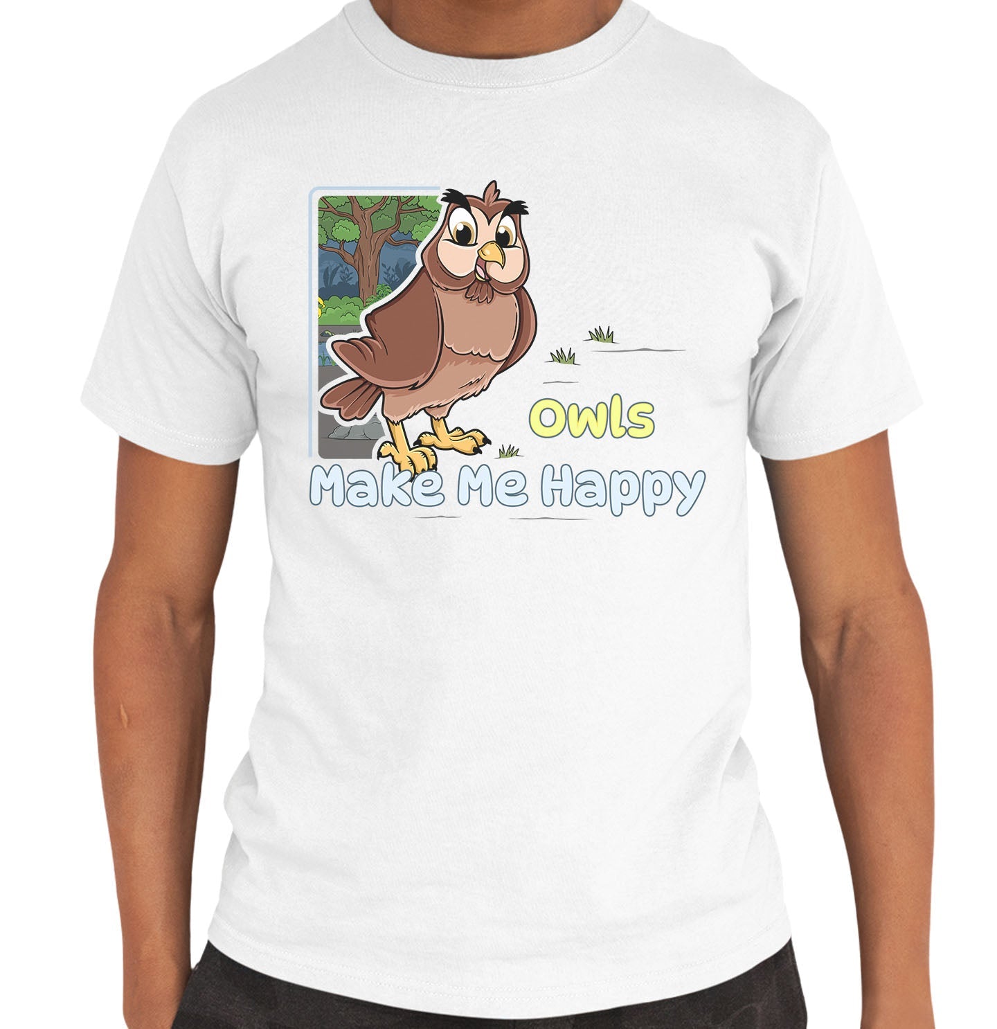 Owl Toon Make Me Happy - Adult Unisex T-Shirt - White