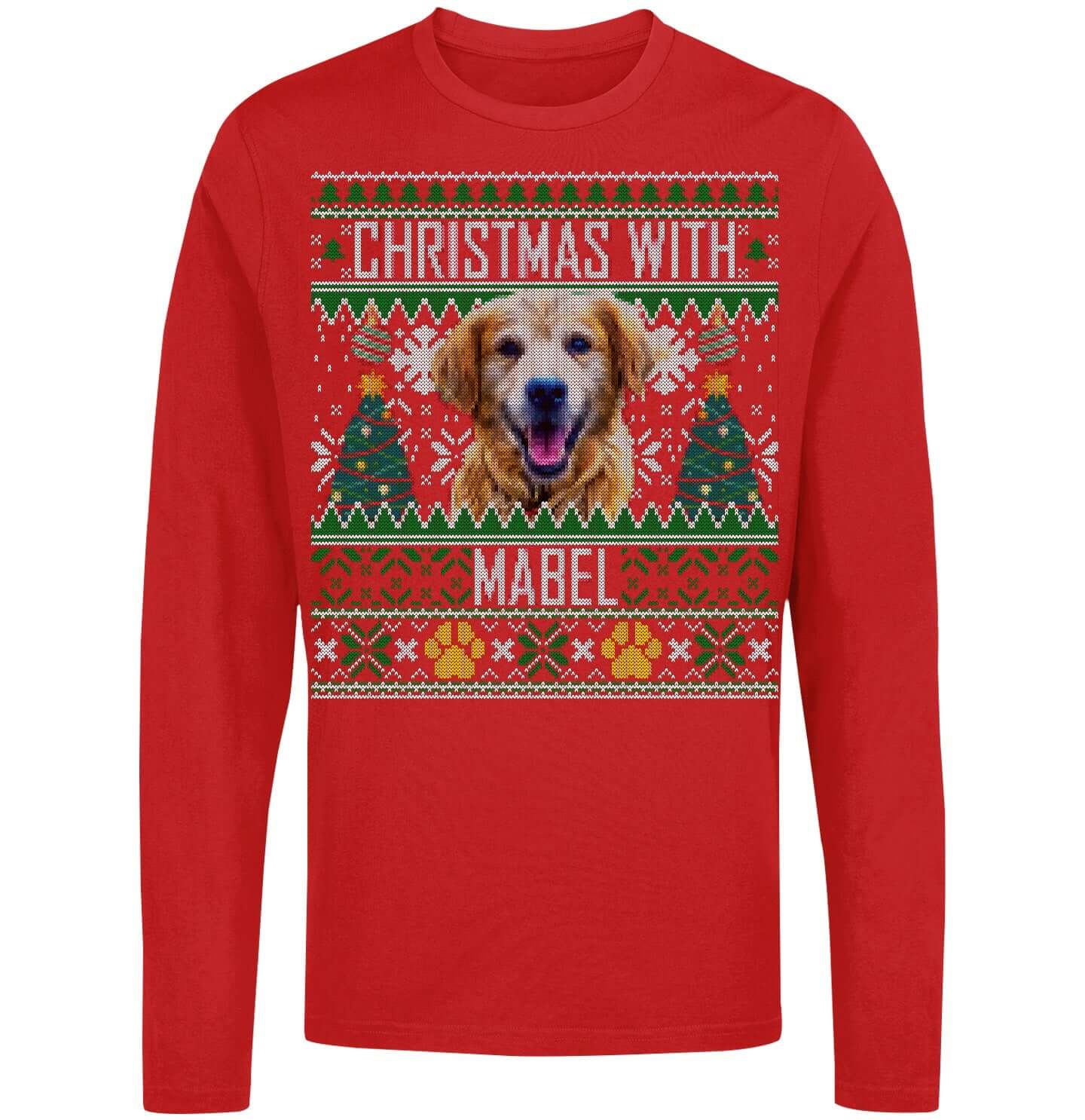 Ugly Christmas Sweater Pet Photo - Personalized Custom Adult Unisex Long Sleeve T-Shirt - Red - 2X-Large - Red