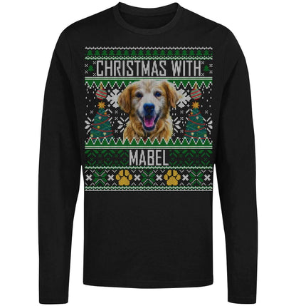 Ugly Christmas Sweater Pet Photo - Personalized Custom Adult Unisex Long Sleeve T-Shirt - Red - 3X-Large - Black