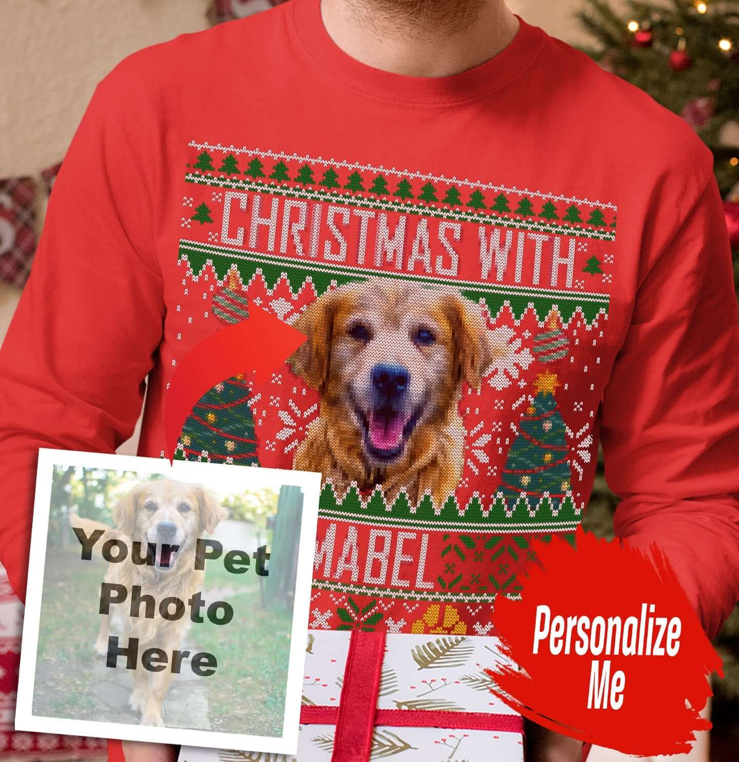 Ugly Christmas Sweater Pet Photo - Personalized Custom Adult Unisex Long Sleeve T-Shirt - Red - Small - Main