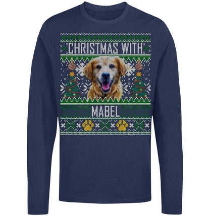 Ugly Christmas Sweater Pet Photo - Personalized Custom Adult Unisex Long Sleeve T-Shirt - Red - 4X-Large - Navy