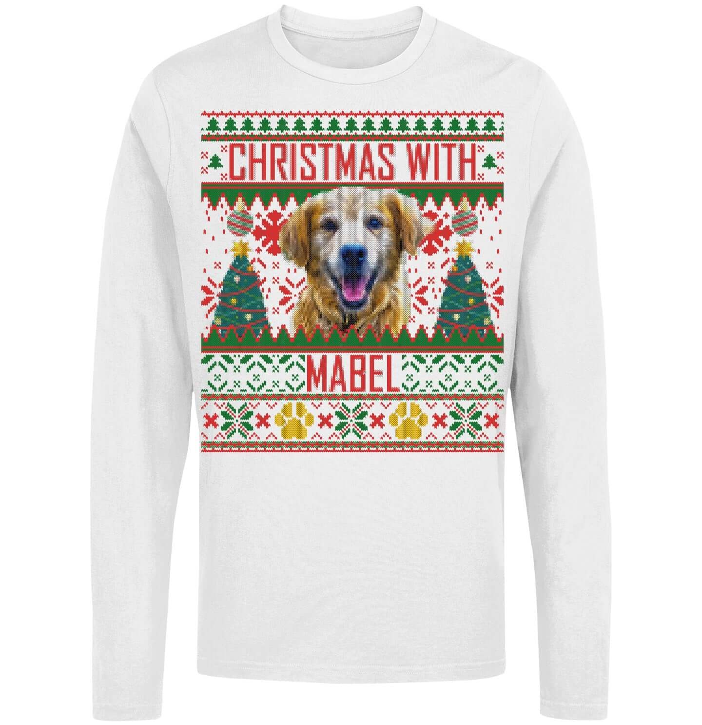 Ugly Christmas Sweater Pet Photo - Personalized Custom Adult Unisex Long Sleeve T-Shirt - Black - Small - White