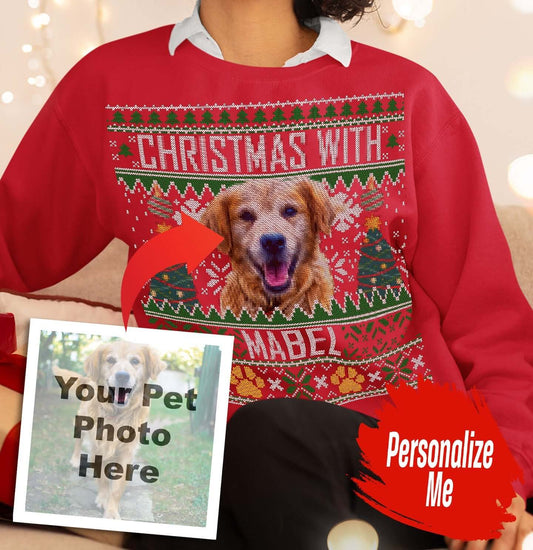 Ugly Christmas Sweater Pet Photo - Personalized Custom Adult Unisex Crewneck Sweatshirt - Red - Small - Main