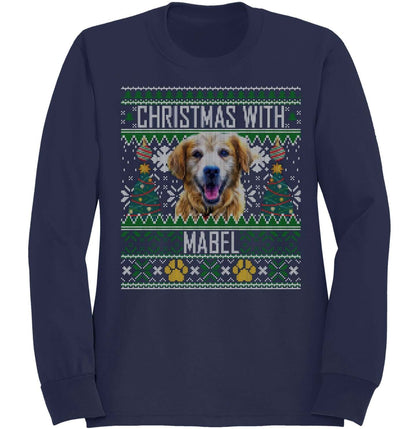 Ugly Christmas Sweater Pet Photo - Personalized Custom Adult Unisex Crewneck Sweatshirt - Black - Small - Navy