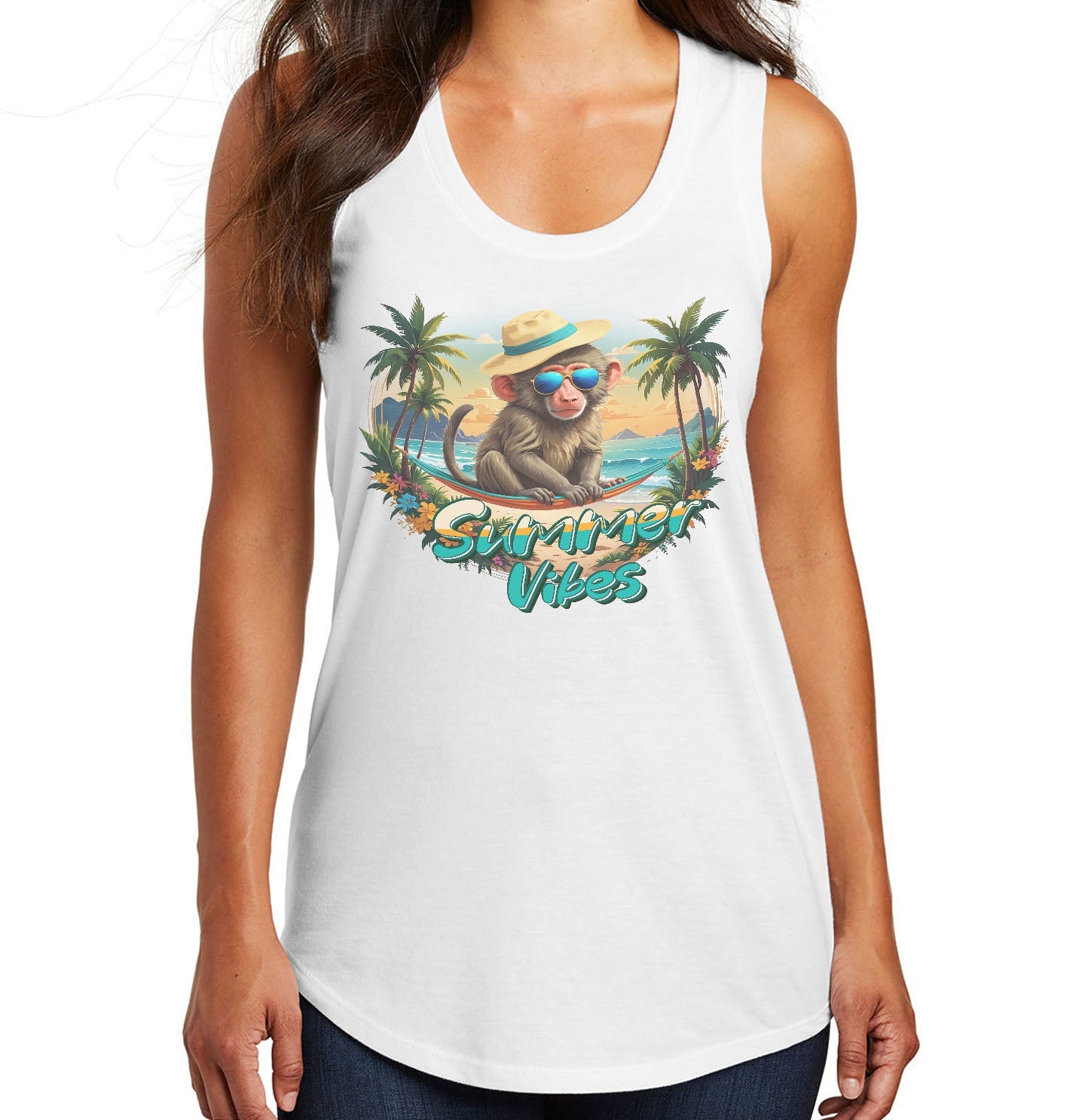 Summer Vibes Baboon - Women's Tri-Blend Racerback Tank - White