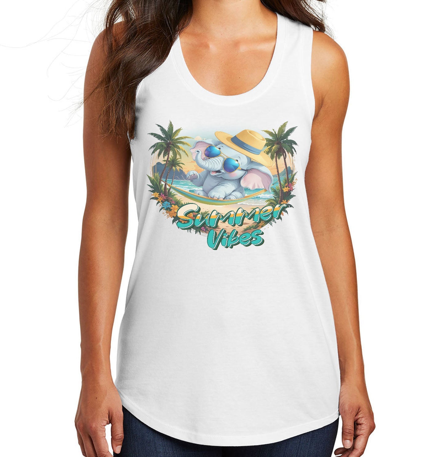 Summer Vibes Elephant - Women's Tri-Blend Racerback Tank - White