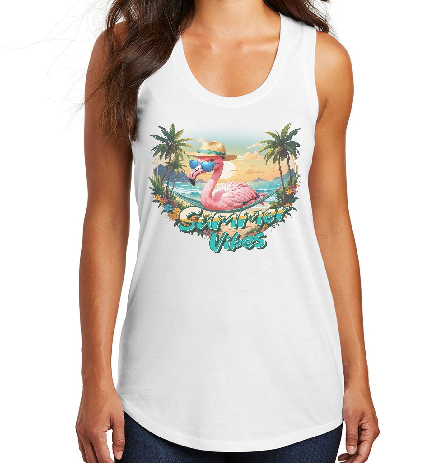 Summer Vibes Flamingo - Women's Tri-Blend Racerback Tank - White