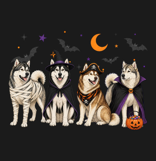 Alaskan Malamute Halloween Lineup - Adult Unisex T-Shirt