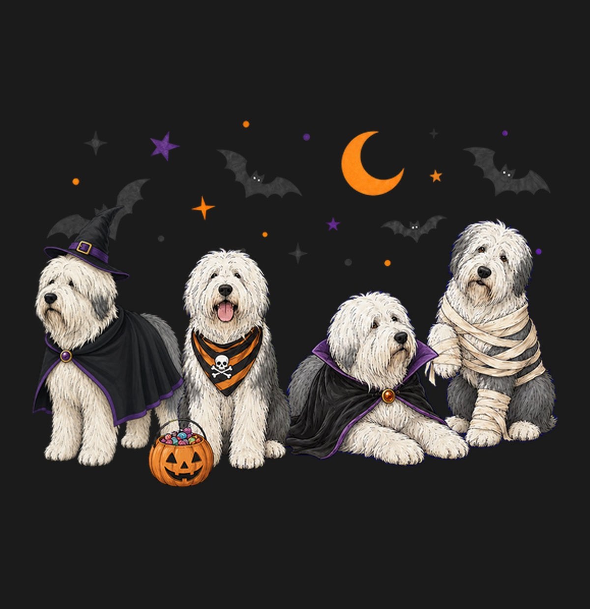 Old English Sheepdog Halloween Lineup - Adult Unisex T-Shirt