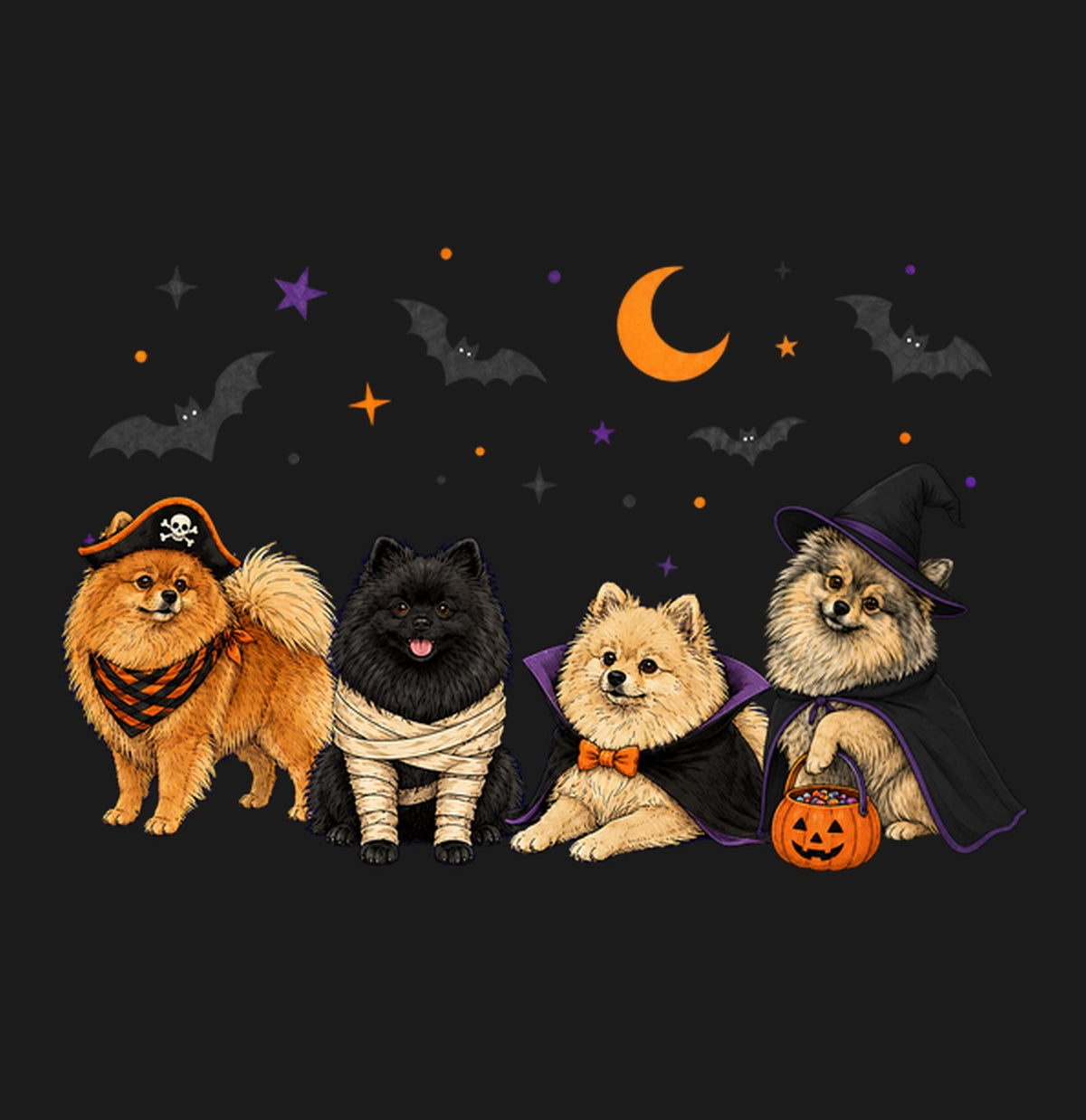 Pomeranian Halloween Lineup - Adult Unisex T-Shirt