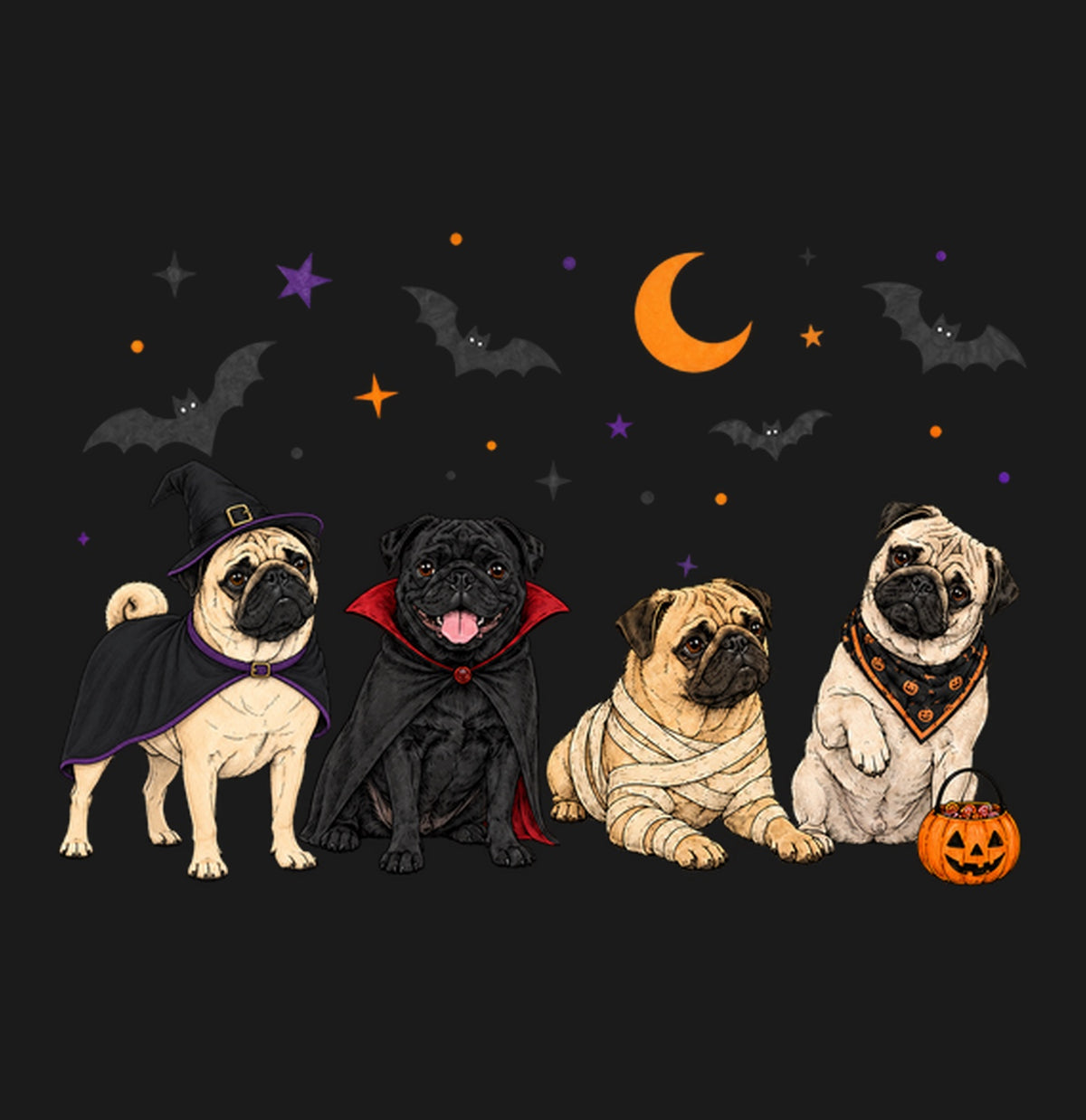 Pug Halloween Lineup - Adult Unisex T-Shirt