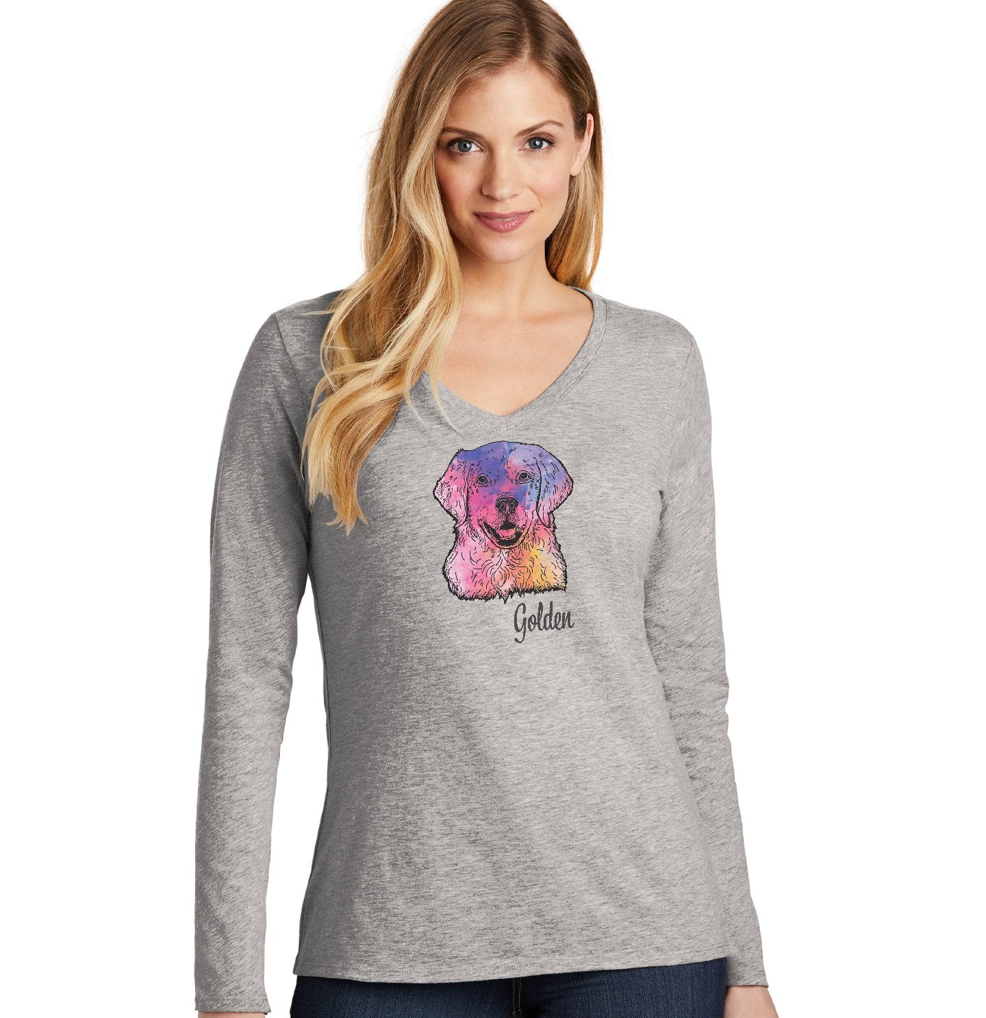 Animal Pride - Colorful Golden Retriever Headshot - Women's V-Neck Long Sleeve T-Shirt