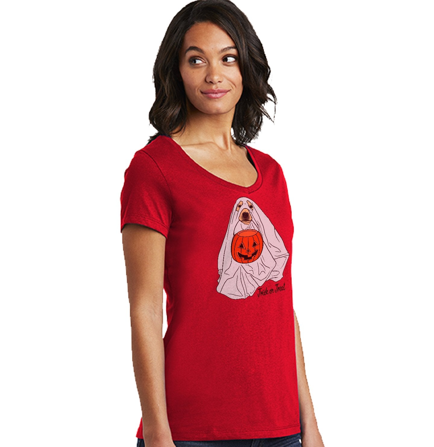 Animal Pride - Trick or Treat Ghost Dog - Women's V-Neck T-Shirt