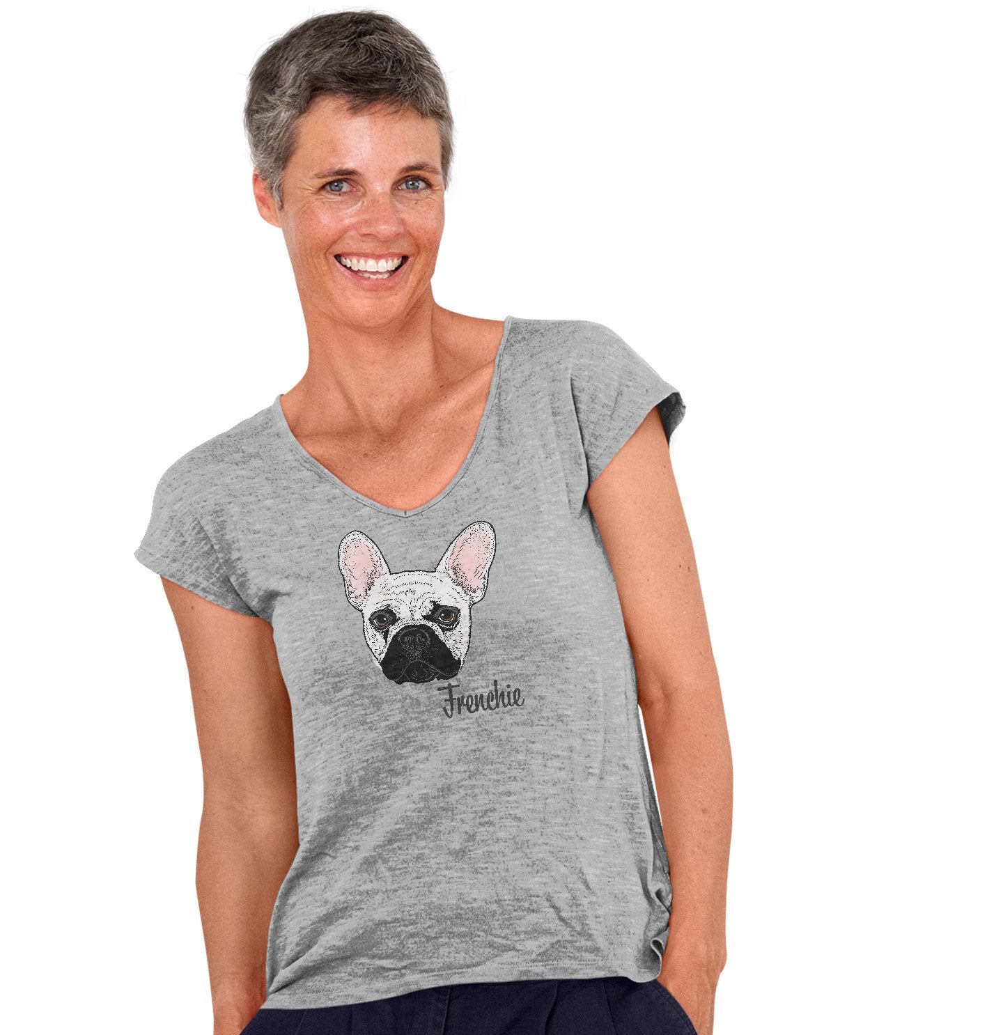 White Frenchie Headshot - Women's V-Neck T-Shirt