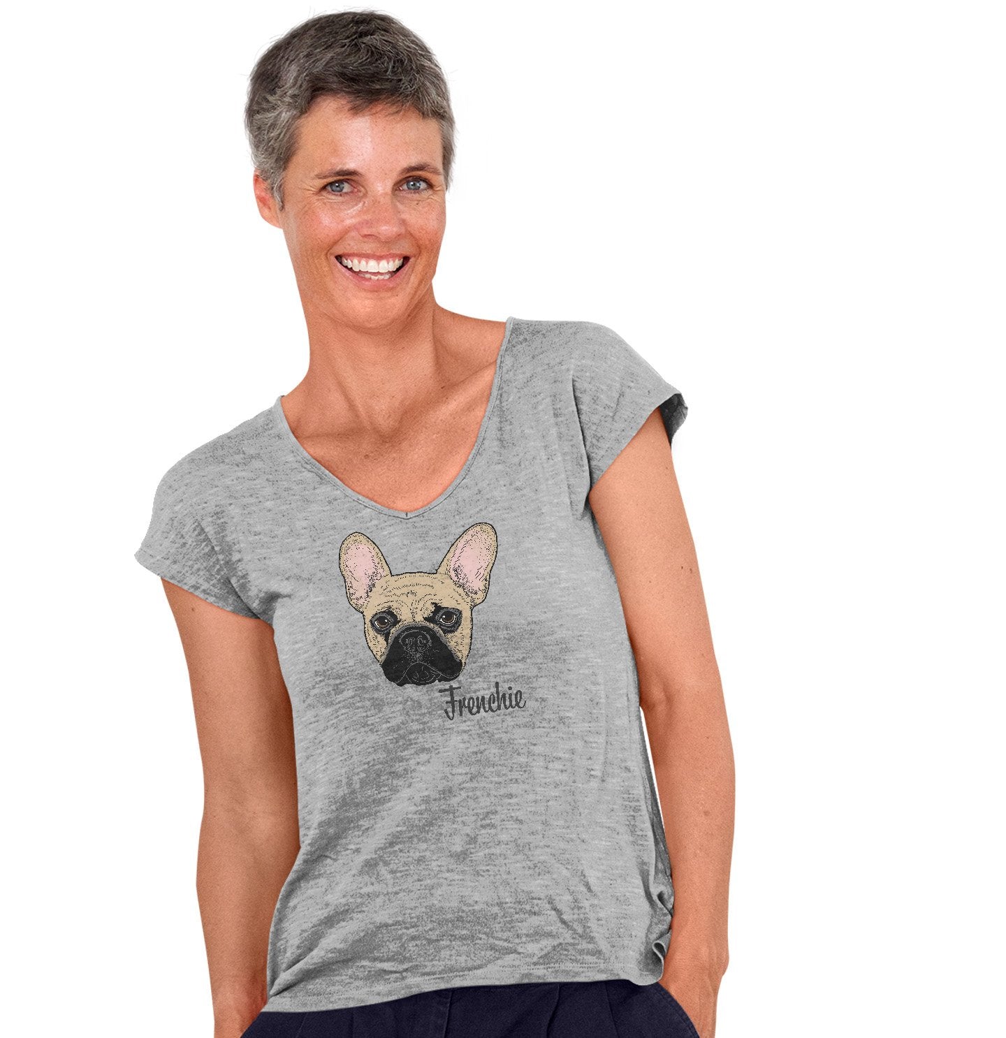 Animal Pride - Tan Frenchie Headshot - Women's V-Neck T-Shirt