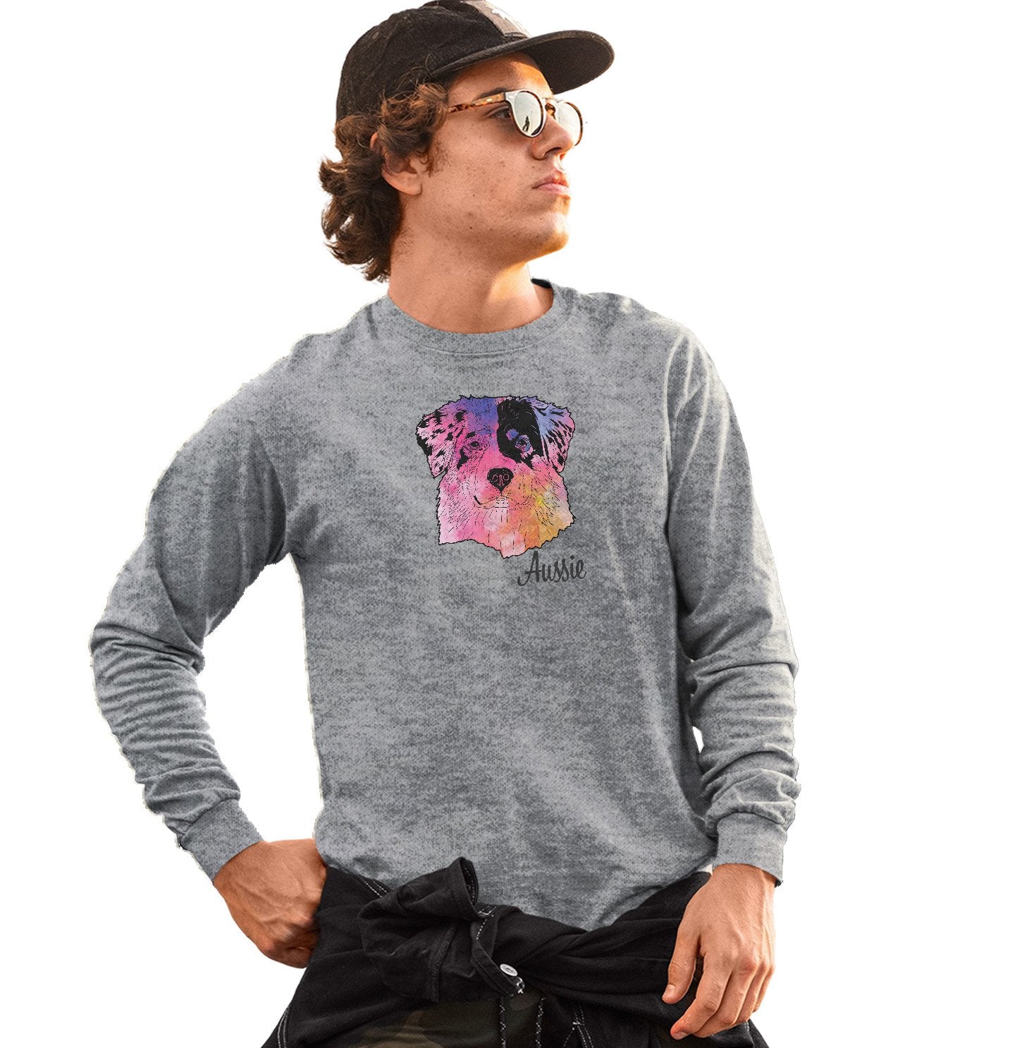 Animal Pride - Colorful Australian Shepherd Headshot - Adult Unisex Long Sleeve T-Shirt