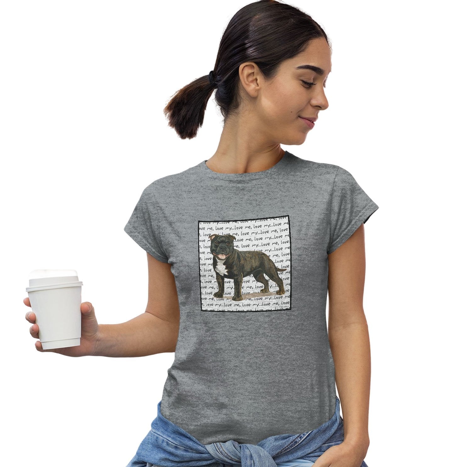 Brindle English Staffy Love Text - Women's Fitted T-Shirt