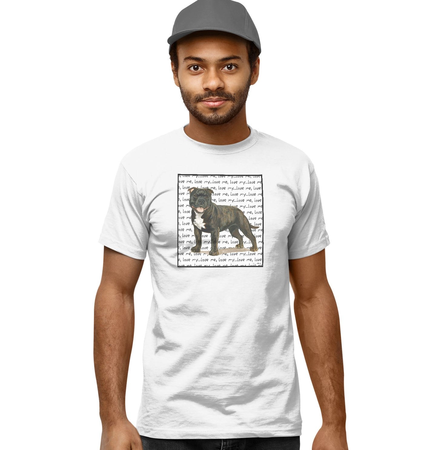 Brindle English Staffy Love Text - Adult Unisex T-Shirt