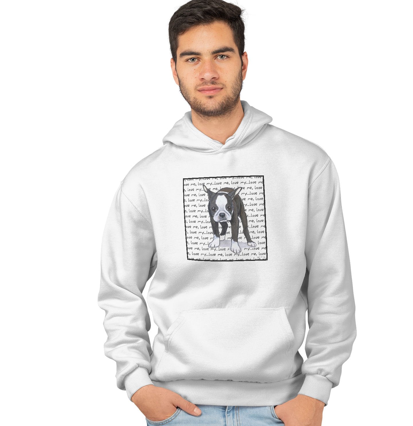 Animal Pride - Boston Terrier Puppy Love Text - Adult Unisex Hoodie Sweatshirt