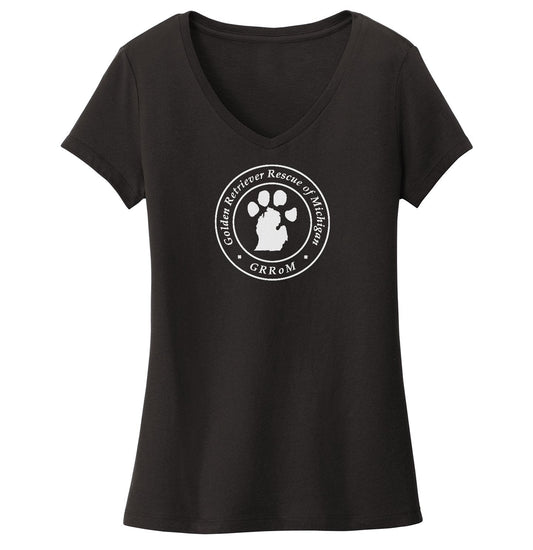 Golden Retriever Rescue of Michigan White Full Front Logo - Women's V-Neck T-Shirt