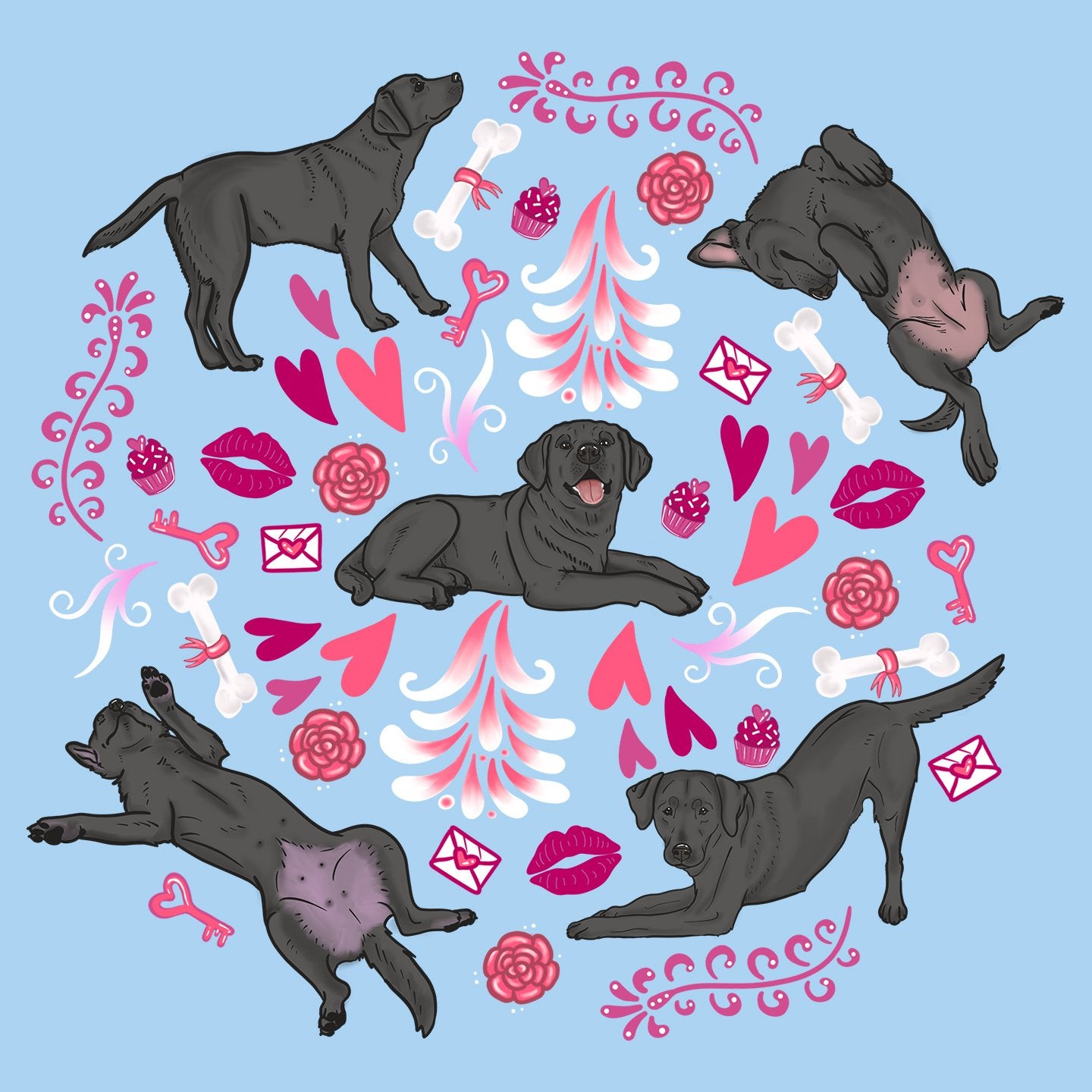 Black Labrador Pink Fleur Pattern - Adult Unisex T-Shirt