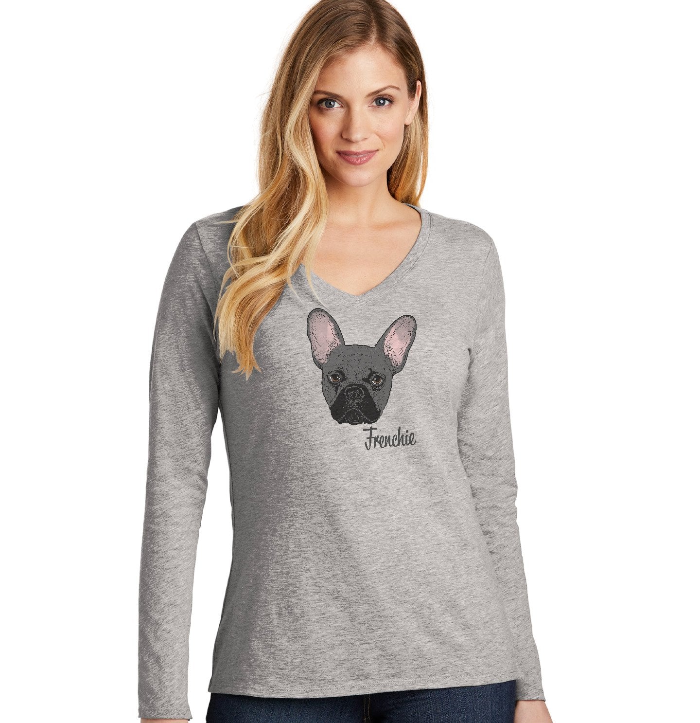 Grey Frenchie Headshot - Women's V-Neck Long Sleeve T-Shirt