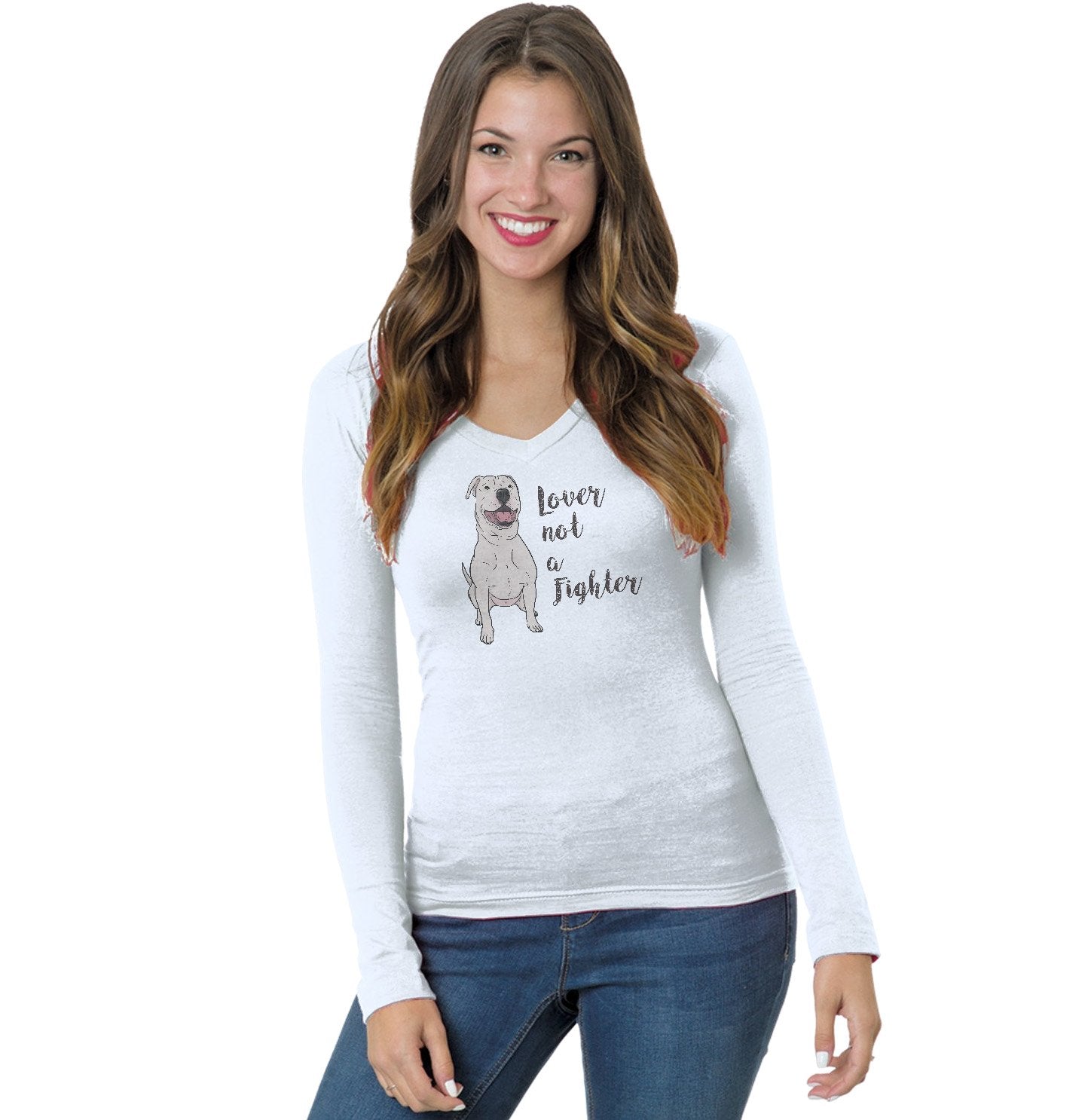 White Pit Bull Lover Not Fighter - Women's V-Neck Long Sleeve T-Shirt