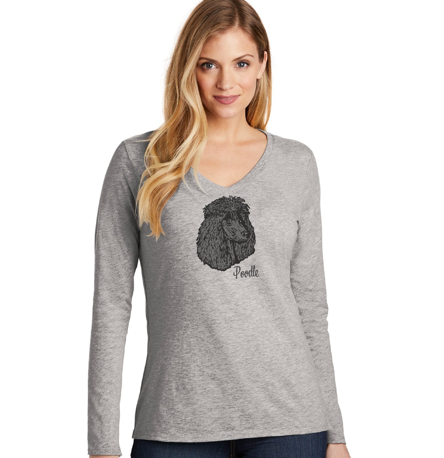 Black Poodle Headshot - Women's V-Neck Long Sleeve T-Shirt