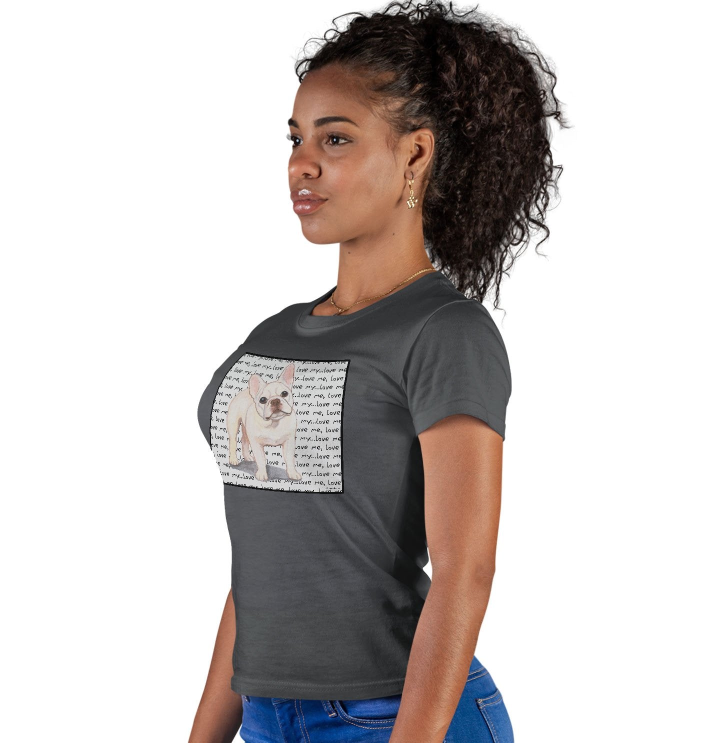 Cream Frenchie Love Text - Women's Fitted T-Shirt