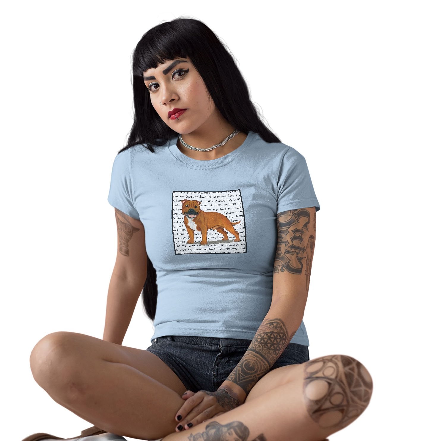 Red English Staffy Love Text - Women's Fitted T-Shirt