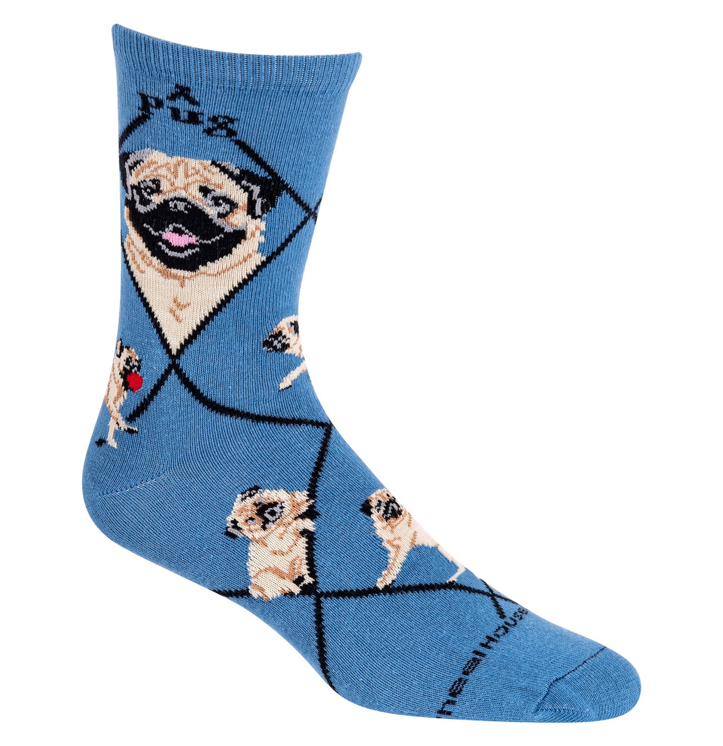 Animal Pride - Smiling Pug on Blue - Adult Cotton Crew Socks