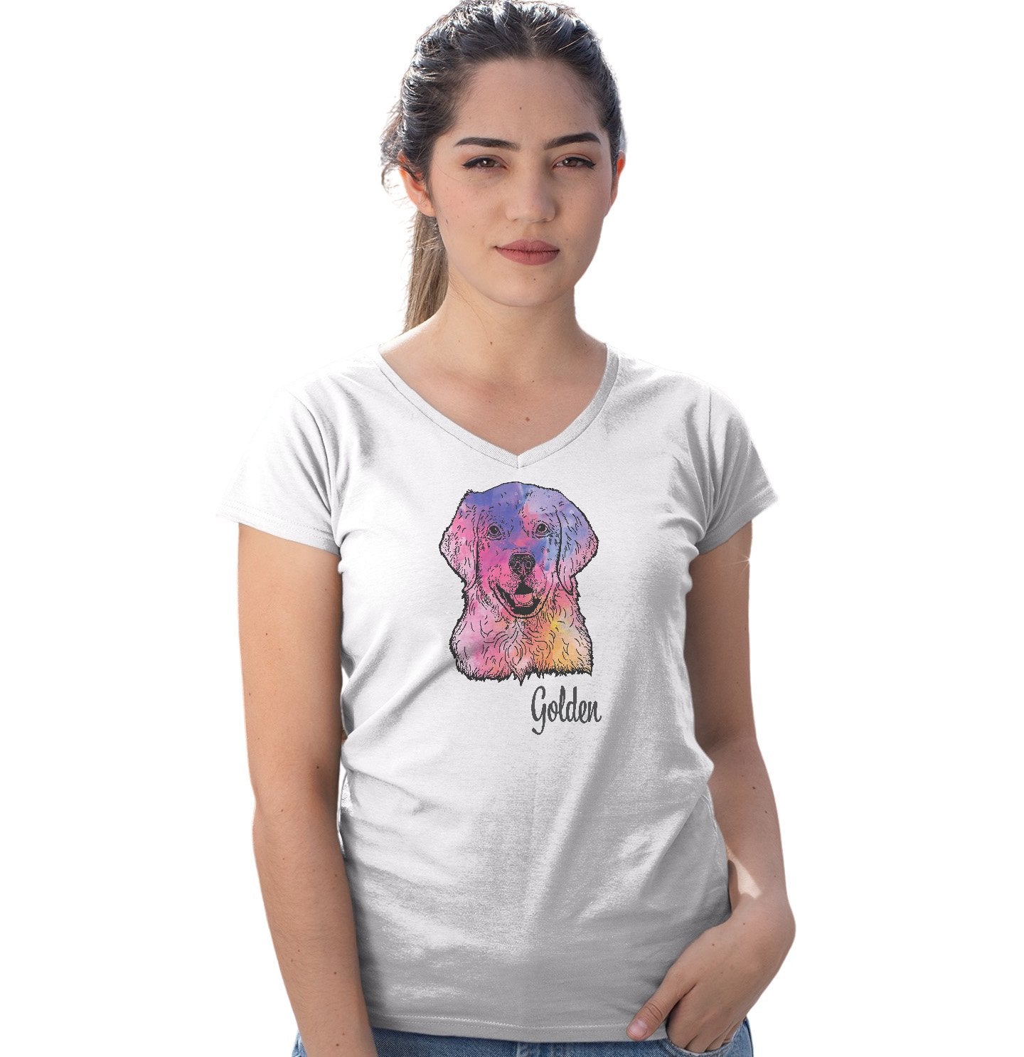 Animal Pride - Colorful Golden Retriever Headshot - Women's V-Neck T-Shirt