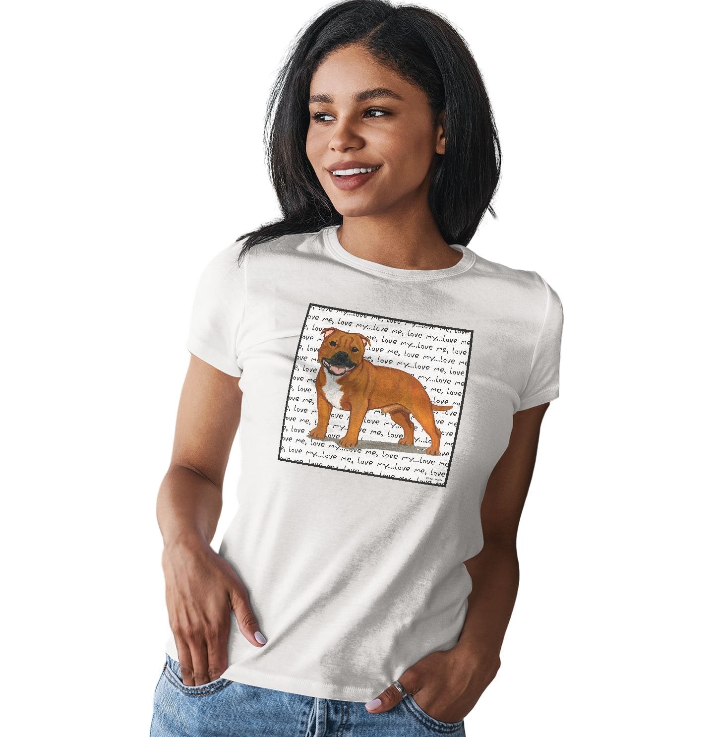 Red English Staffy Love Text - Women's Fitted T-Shirt