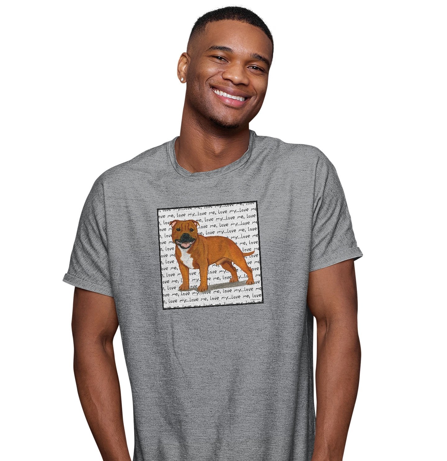 Red English Staffy Love Text - Adult Unisex T-Shirt