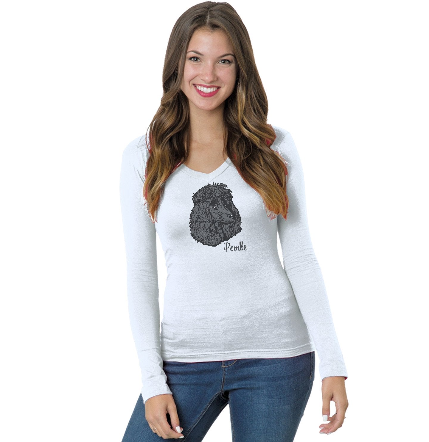 Animal Pride - Black Poodle Headshot - Women's V-Neck Long Sleeve T-Shirt