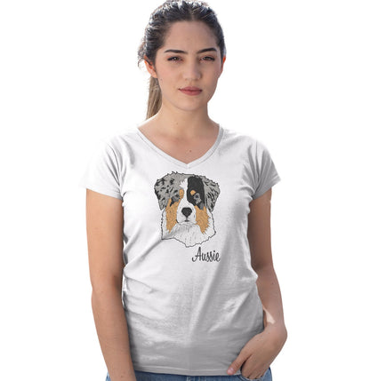 Blue Merle Aussie Headshot - Women's V-Neck T-Shirt
