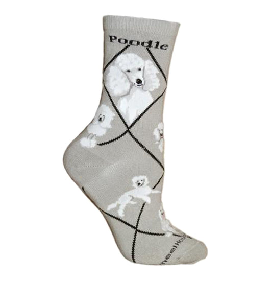 Animal Pride - White Poodle on Grey - Adult Cotton Crew Socks