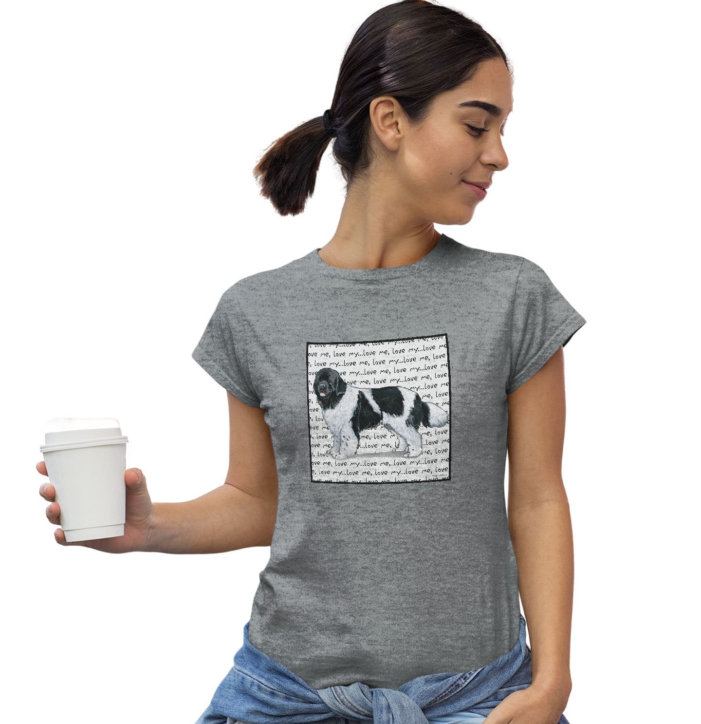 Black & White Newfie Love Text - Women's Fitted T-Shirt