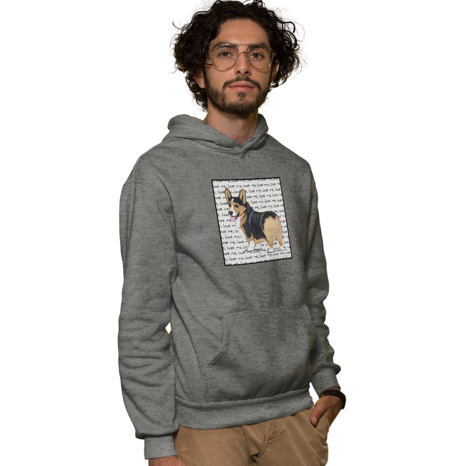 Tri Color Corgi Puppy Love Text - Adult Unisex Hoodie Sweatshirt